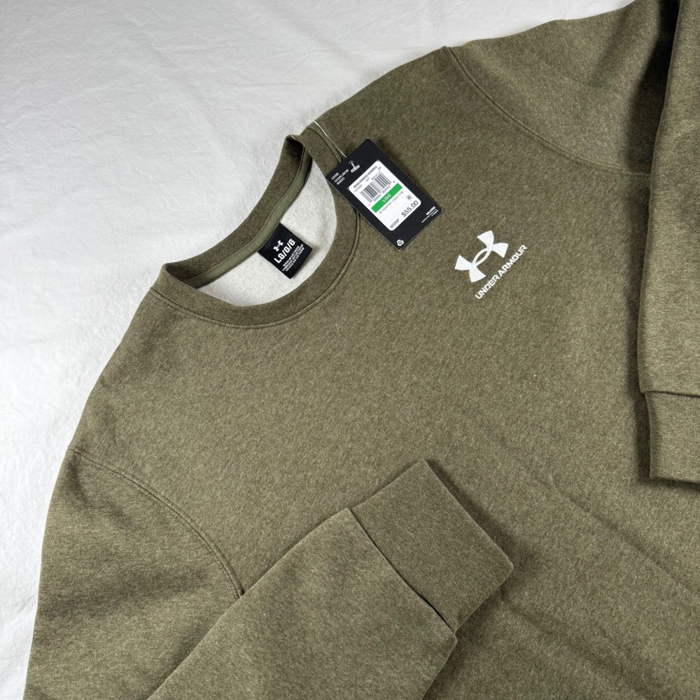 NWT Under Armour Men's Size L Green Essential Fleece Crew Loose Fit Sweatshirt